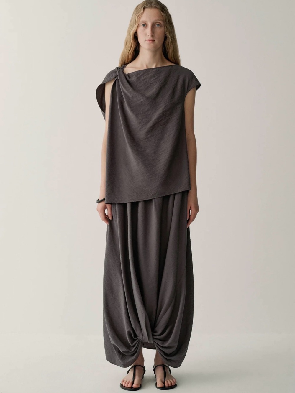 INSIS FEMME Plum Brown  Knot-Shoulder Draped Blouse - Picture 2 of 14